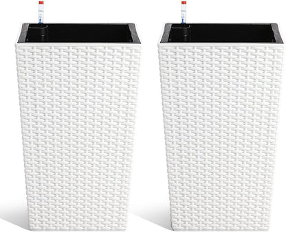 GarveeLife 16 in Tall Planter Set of 2 Large Rattan Flower Pot with 2 Trays & a Water Level Monitor Outdoor and Indoor for Patio, Porch, Living Room, or Home Office, White