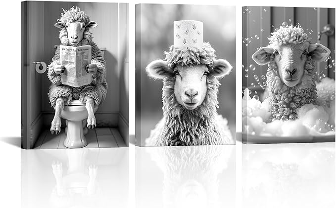 AoArtWZ Bathroom Sheep Canvas Wall Art Black and White Funny Animal on Closestool Bathtub Painting Picture Artwork Prints for Home Restroom Decor Framed 12"x16"x3 Pcs