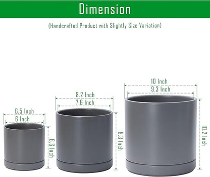 D'vine Dev 6 Inch & 8 Inch & 10 Inch, Set of 3 Round Ceramic Planter Pot with Drainage Hole and Saucer, Grey, 94-T-L-3