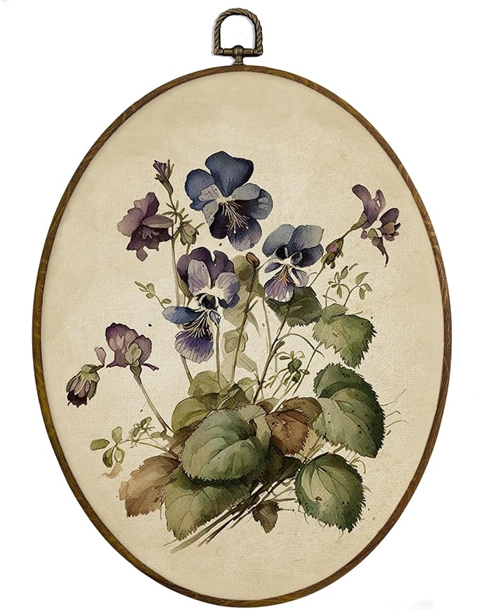 MAQIKA Vintage Purple Flower Oval Framed Wall Art Decor, Floral Wall Decor, Wildflower Oval Wall Hanging Decor, Vintage Botanical Canvas Prints Wall Art for Bedroom Living Room, 8.7x11.3 Inch