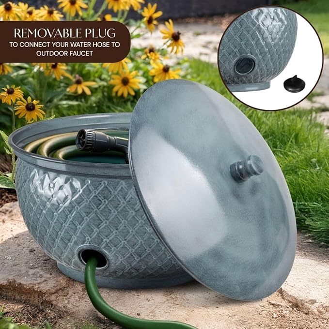 Monarch Abode Garden Hose Holder with Lid – Decorative Water Hose Holders for Outside, Diamond Embossed Metal Patina Pot with Drainage, 100ft Waterhose Holder for Outside, Garden Storage Caddy