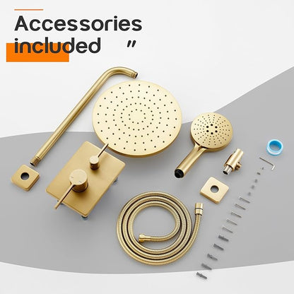 Bathroom Shower Trim Kit with 10'' High Pressure Rain Shower Head, 3-Function Handheld Spray and Valve Included, Wall Mounted Gold Finish SF001GD-D10