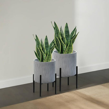 ARNIS Modern Plant Pots, Set of 2 Large Planters with Stand, Decorative Planters, Metal Pots with Drainage Holes for Living Room, Office, Garden or Balcony, 8.25 &10.5 Inch, Dark Cement Matte