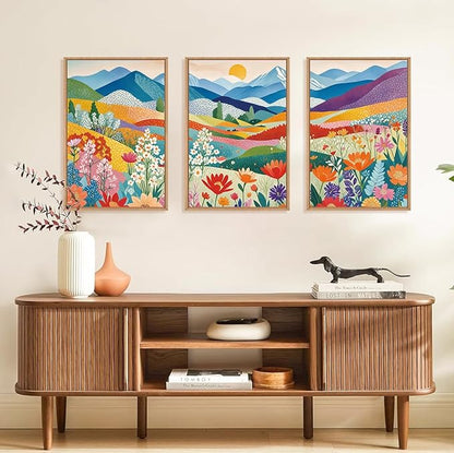 LHIUEM Large Abstract Mountain Flower Framed Canvas Wall Art,Colorful Watercolor Boho Wall Decor,Nature Floral Tree Wall Painting,Bohemian Artwork for Living Room,Bedroom,Dining Room,Office -24"x36"x3