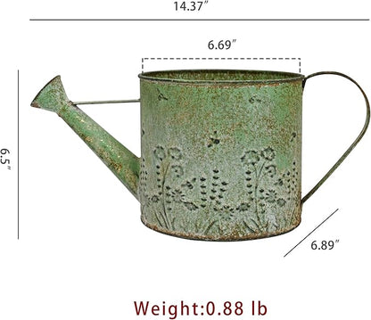 Vintage Metal Watering Can with Floral Embossed Design Garden Distressed Green Decorative Watering Pot Planter Rustic Farmhouse Waterer for Home Indoor Outdoor Garden Balcony Courtyard (Green)