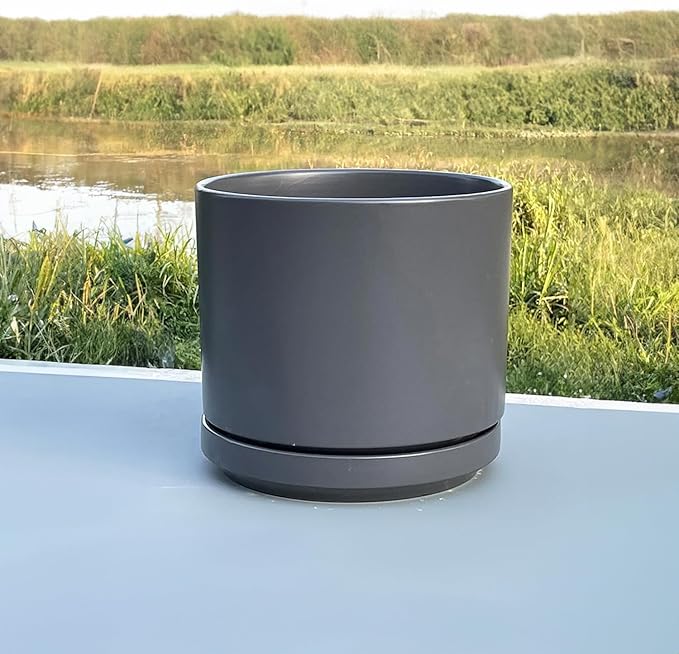 PLANTATOREM Ceramic 10 Inch Mid Modern Planter Pot with Drainage Hole and Saucer, Indoor Cylinder Round Flower Pot, Perfect for Planting Succulents, Herbs, Flowers, House Plants, Jet Grey