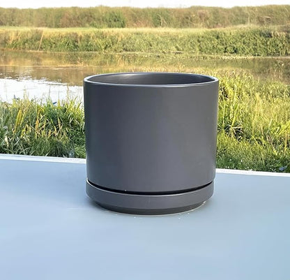 PLANTATOREM Ceramic 14 Inch Mid Modern Planter Pot with Drainage Hole and Saucer, Indoor Cylinder Round Flower Pot, Perfect for Planting Succulents, Herbs, Flowers, House Plants, Jet Grey