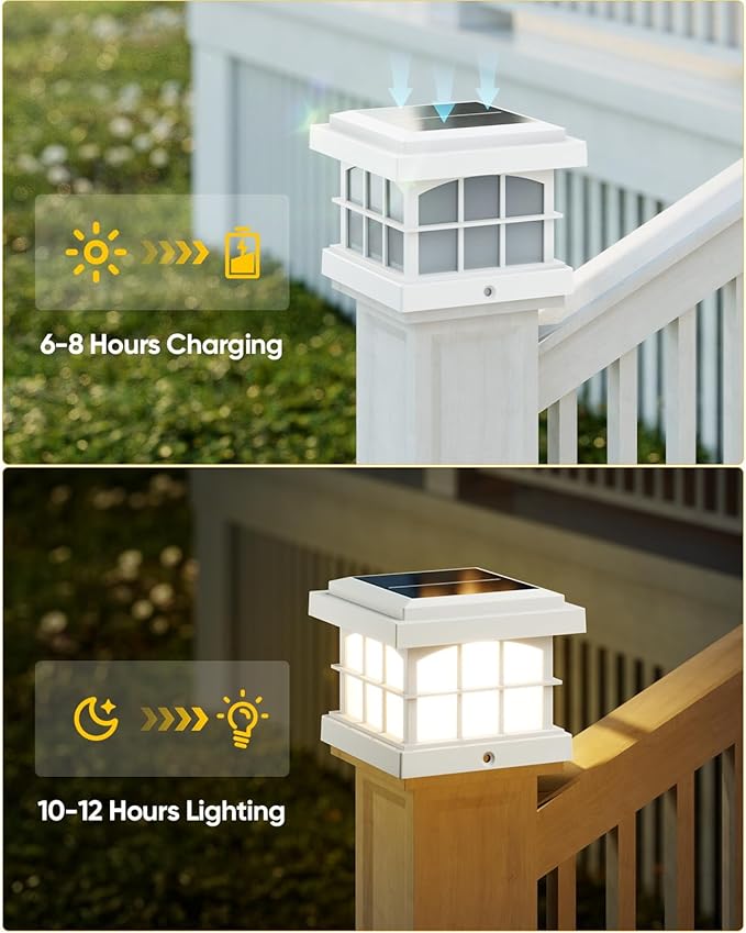 PARTPHONER RGBCW Solar Post Cap Lights 8-Pack, 9 Colors 3 Modes Fence Cap Lights, Bright Solar Outdoor Waterproof LED Deck Lighting for Fence Garden Deck Patio Porch Decor 4x4 Vinyl/Wood, White