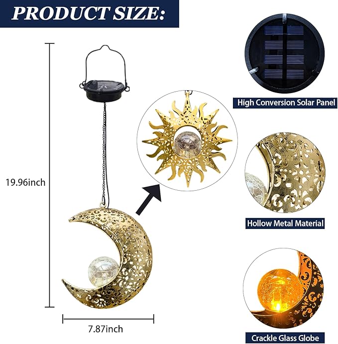 Solar Hanging Sun and Moon Lights Garden Outside Decor,2 Pack Metal Lanterns Outdoor Sunflower Art Decorations for Porch Backyard Patio Wall Tree,Unique Gardening Gifts for Women Mom Grandma
