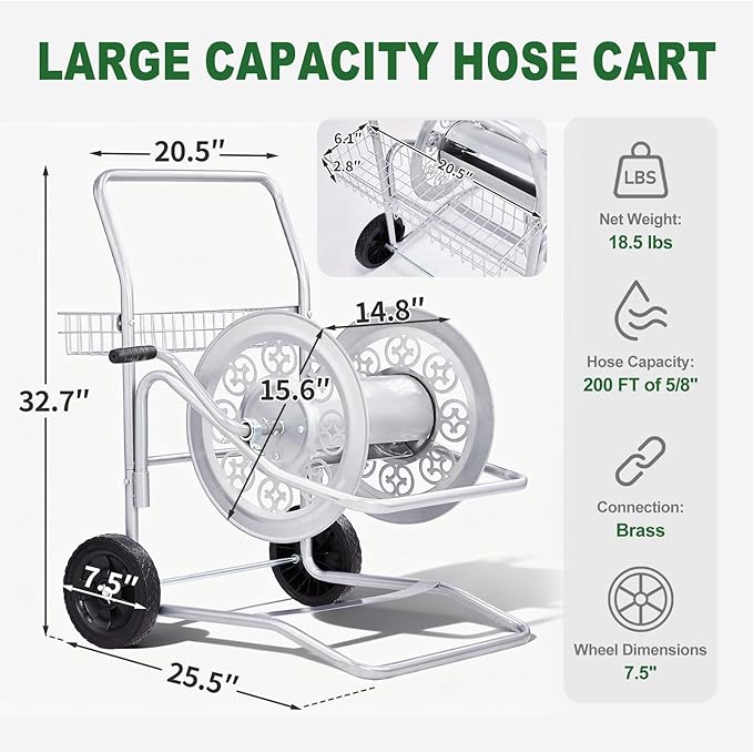 Outvita Hose Reel Cart, Hold up to 200 Ft of 5/8'', Garden Water Hose Reel Carts Mobile Tools with 2 Wheels, Heavy Duty Powder-coated with Storage Basket, for Garden, Yard, Lawn(Silver)