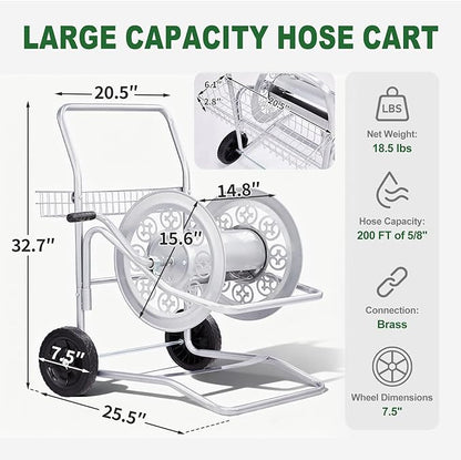 Outvita Hose Reel Cart, Hold up to 200 Ft of 5/8'', Garden Water Hose Reel Carts Mobile Tools with 2 Wheels, Heavy Duty Powder-coated with Storage Basket, for Garden, Yard, Lawn(Silver)