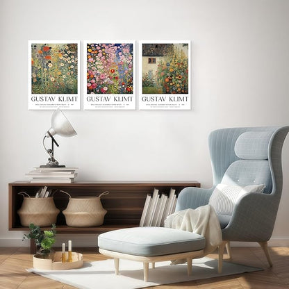 Framed Gustav Klimt Canvas Wall Art Colorful Floral Poster Picture Vintage Countryside Painting Nature Landscape Modern Home Print Living Room Gallery Office Ready to Hang 16x24 Inch x3