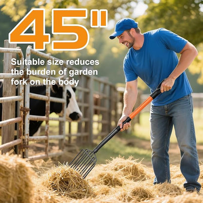 HIGHLIGHT 10-Tine Wide Head Pitch Fork for Manure & Hay, Heavy Duty with Unbreakable Fiberglass Handle, 45-Inch Ergonomic Grip