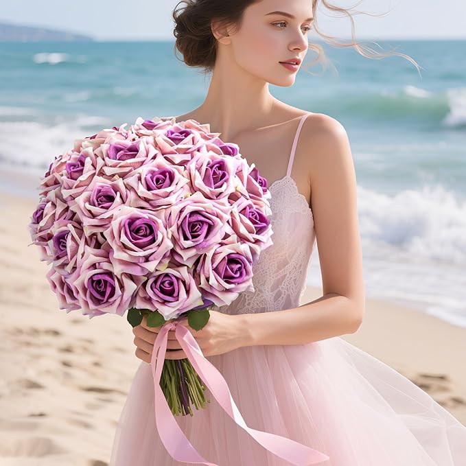 Fake Roses Faux Flowers Silk Roses Artificial Roses with Stems Realistic Artificial Flowers 24PCS Suitable for Indoor Home Decoration DIY Bouquet Wedding Decor Party Decor (Purple) 16.5In