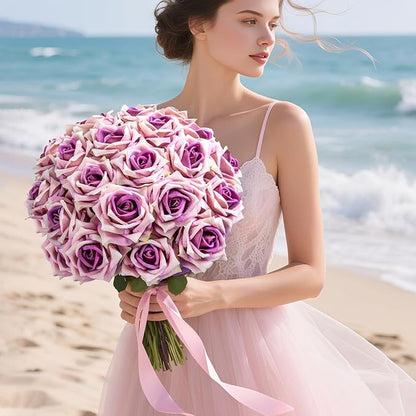 Fake Roses Faux Flowers Silk Roses Artificial Roses with Stems Realistic Artificial Flowers 24PCS Suitable for Indoor Home Decoration DIY Bouquet Wedding Decor Party Decor (Purple) 16.5In