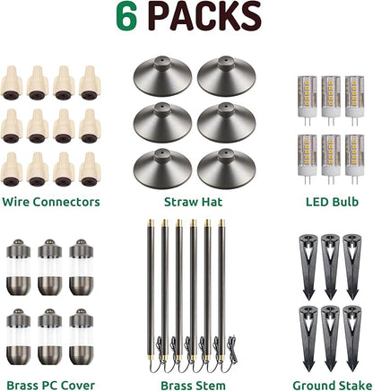 DOSHINE® Solid Brass Low Voltage Landscape Lighting Pathway Lights (7" Shade, 22" Tall) with Replaceable 3W G4 LED Bulb 3000K AC/DC 12V and Ground Stake for Outdoor Walkway Driveway (HAT, 6-Pack)