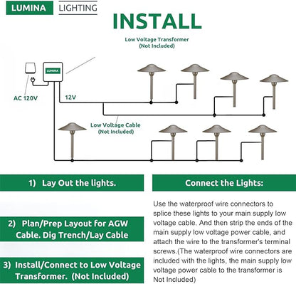 Lumina Lighting® 3W Landscape Lighting 12V Landscape Lights Low Voltage Landscape Path Lights Warm White Waterproof Outdoor Replaceable G4 LED Bulb for Garden Pathway Lawn Yard (Bronze, 8-Pack)