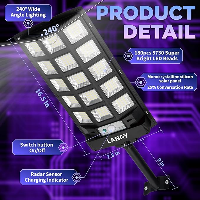 Solar Street Lights Outdoor,2 Pack Solar Lights Outdoor Waterproof Dusk to Dawn 60000LM 6500K Solar Flood Lights Motion Sensor with Remote Control, Commercial Area Lighting for Outside Parking Lot