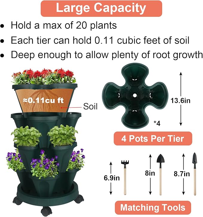 GameXcel Vertical Planter 4 Tier Stackable Planters Garden Planters Strawberry Herb Flower and Vegetable Planter Indoor Outdoor Gardening Pots with Removable Wheels and Tools 2-Pack
