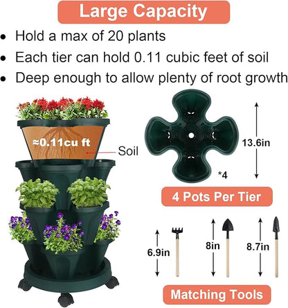 GameXcel Vertical Planter 4 Tier Stackable Planters Garden Planters Strawberry Herb Flower and Vegetable Planter Indoor Outdoor Gardening Pots with Removable Wheels and Tools 2-Pack
