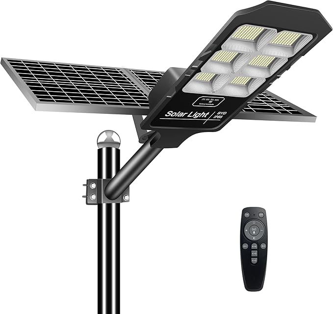 Solar Street Light,Solar Lamp Outdoor Security Led Flood Lights Pole Light Dusk to Dawn Remote Control with Motion Sensor 43000 Lumens for Parking Lot,Stadium,Pathway,Yard,Roadway