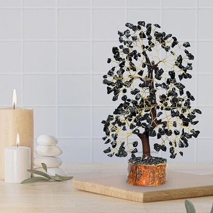 GEMSCITE Black Tourmaline Crystal Tree with Golden Wire – Handmade Gemstone Bonsai for Protection, Grounding & Home Decor