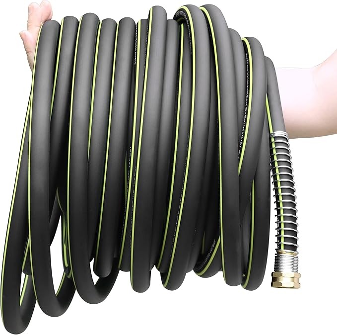 Lightweight Rubber Garden Hose 100 ft, 5/8" Hybrid Rubber Hose with Solid Brass Fitting, Water Hose Pipe for Outdoor, Cleaning & Washing