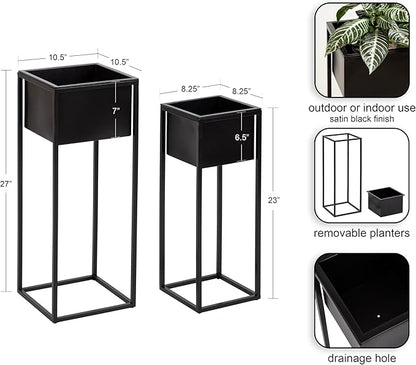 Kate and Laurel Palade Modern Two-Piece Metal Outdoor Planter Set; 2 Piece Set; Black; Metal Indoor or Outdoor Planters with Geometric Base for Patio Plant Decor
