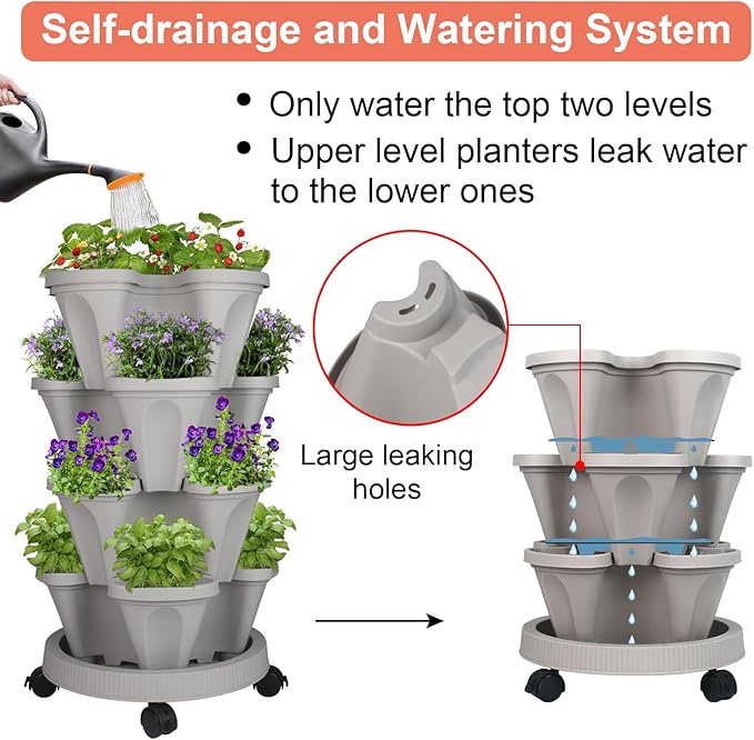GameXcel Vertical Planter 4 Tier Stackable Planters Garden Planters Strawberry Herb Flower and Vegetable Planter Indoor Outdoor Gardening Pots with Removable Wheels and Tools