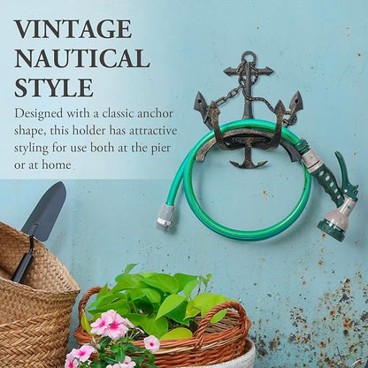 MyGift Wall Mounted Hose Holder, Nautical Cast Iron Garden Water Hose Reel, Decorative Seaside Boat Dock Themed Hook for Hanging Gardening Equipment (Ship Anchor)