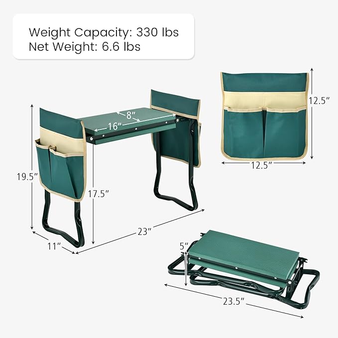 Giantex Garden Kneeler & Seat, Folding Gardening Stool, Portable Garden Bench with EVA Foam Pad, Heavy-Duty Metal Frame, Gardening Gift for Women Men Seniors (Holds 330 LBS) (with 2 Bags)