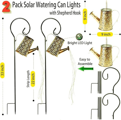 2 Pack Solar Watering Can Lights with Shepherd Hook, 8 Multi-Color Changing Modes, IP65 Waterproof, 60pcs String Lights for Outdoor Garden Pathway Lawn Patio Deck Walkway Courtyard