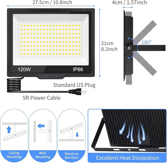 120W LED Flood Light Outdoor with Plug, 14400Lm Super Brighter Security Lights with 5ft Wire, IP66 Waterproof LED Work Light, 5000K Daylight White Exterior Floodlights for Yard Garage Stadium(2 Pack)