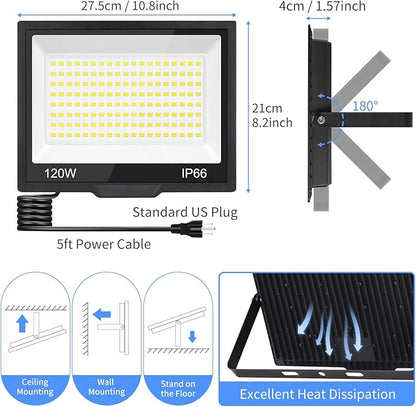 120W LED Flood Light Outdoor with Plug, 14400Lm Super Brighter Security Lights with 5ft Wire, IP66 Waterproof LED Work Light, 5000K Daylight White Exterior Floodlights for Yard Garage Stadium(2 Pack)