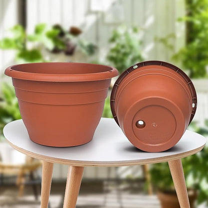 Plastic Terracotta Plant Pots Set of 5,10 Inch Flower Pots,Durable Lightweight Garden Planters with Drainage Hole for Indoor Outdoor Plants,Decor(Pottery Red)