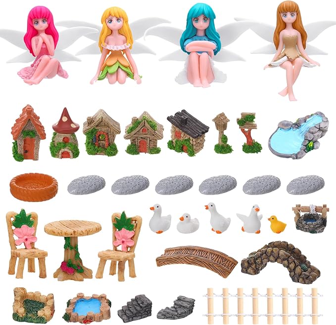 35 Pcs Fairy Garden Accessories Miniatures Garden Kit with Resin Fairies, Duck, Mushroom House & Bridge Miniature Accessories for Terrarium, Dollhouse & Outdoor Decor