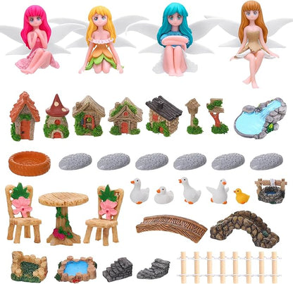 35 Pcs Fairy Garden Accessories Miniatures Garden Kit with Resin Fairies, Duck, Mushroom House & Bridge Miniature Accessories for Terrarium, Dollhouse & Outdoor Decor