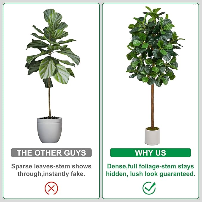 6FT Artificial Fiddle Leaf Fig Tree, Artificial Fig Tree Floor Plant with White Planter, Premium Silk Fake Plants for Living Room, Bedroom, Office, Home & Indoor Décor
