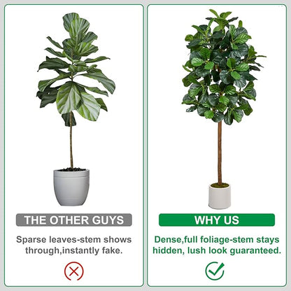 6FT Artificial Fiddle Leaf Fig Tree, Artificial Fig Tree Floor Plant with White Planter, Premium Silk Fake Plants for Living Room, Bedroom, Office, Home & Indoor Décor