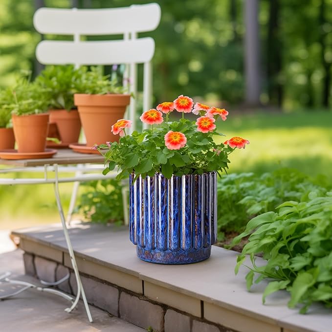 Ceramic Planter - 9.6 Inch Ceramic Plant Pots Indoor Outdoor, Round Flower Pots with Drainage Hole, Large Fluted Modern Planter, Room Home Bedroom Decor, Plant Lover Gifts, Blue