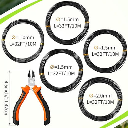 Mudder 5 Roll Aluminum Bonsai Training Wire Tree 160 Feet Total with Bonsai Wire Cutter Anodized Training for Holding Branches Small Trunks(Black)