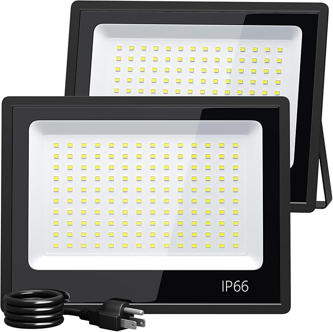 XXBSAZ 100W LED Flood Light Outdoor, Plug-in & Hardwired Security Light, IP66 Waterproof 6500K Daylight for Driveway, Garage & Backyard (2 Pack)