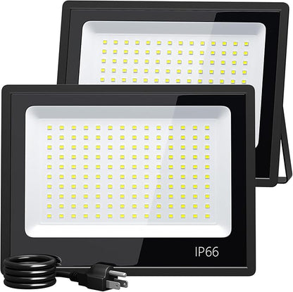 XXBSAZ 100W LED Flood Light Outdoor, Plug-in & Hardwired Security Light, IP66 Waterproof 6500K Daylight for Driveway, Garage & Backyard (2 Pack)