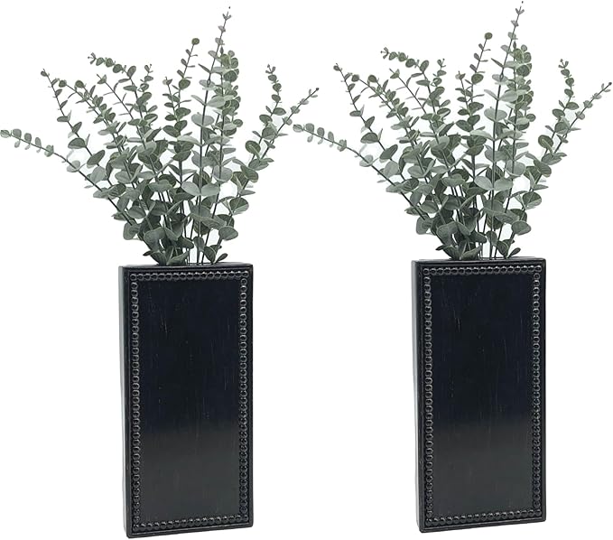 Wood Wall Planter Set of 2, Farmhouse Wall Hanging Decor Pocket Planter for Greenery and Dried Flowers, Rustic Indoor Wood Hanging Vase (Black)