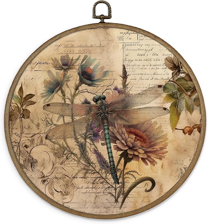 MAQIKA Vintage Dragonfly Framed Wall Art Decor, Dragonfly Wall Decor, Dragon Fly Botanical Round Wall Hanging Decor, Retro Dragonflies Canvas Prints Wall Art for Bedroom Living Room, 10x10 Inch