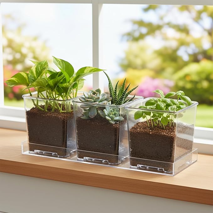 Indoor Herb Garden Kit, Herb Planter Set with Tray, Set of 3 Acrylic Garden Pots, Window Sill Plant Shelf with Drainage Holes and Labels & Marker Pen, Rosemary Plant Pots