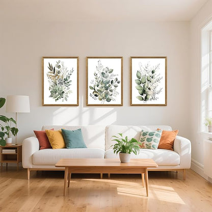 FYLDPSB 3 PCS Framed Watercolor Floral Canvas Wall Art, Boho Sage Green Wildflower Wall Decor, Modern Flowers and plants Painting Print for Bedroom Living Room Bathroom Decorations 16''L x 12''W