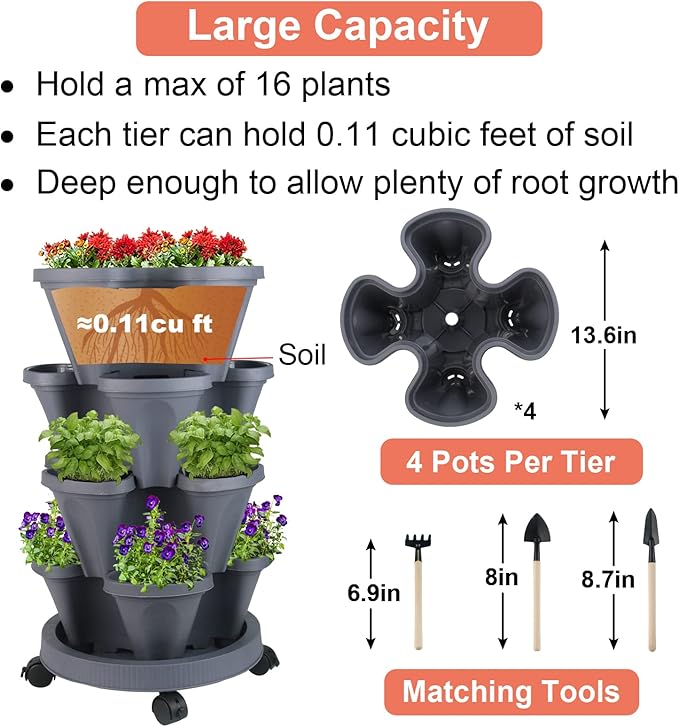 GameXcel Vertical Planter 4 Tier Stackable Planters Garden Planters Strawberry Herb Flower and Vegetable Planter Indoor Outdoor Gardening Pots with Removable Wheels and Tools