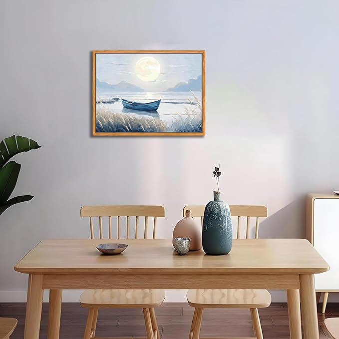 Floating Framed Coastal Bathroom Wall Art, Blue Beach Nautical Ocean Nature Canvas Picture, Blue Boat Moon Lake Mountain Sea Poster Print Painting, for Modern Home Bedroom Wall Decor 12x16 inch