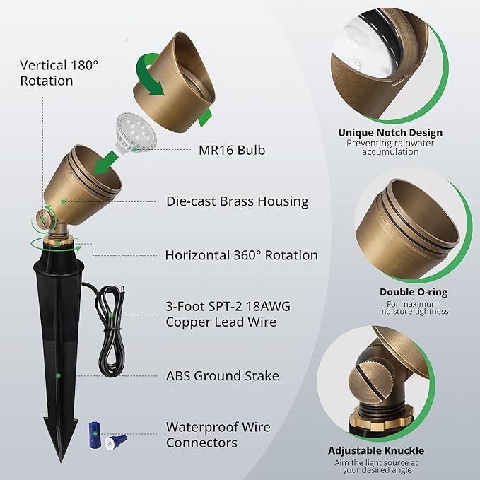 GKOLED 6 Pack Solid Brass Low Voltage Compact Spotlight, 12V AC/DC Waterproof Outdoor Landscape Spot Lights, Up Light with 5W 2700K MR16 Bulb for House Trees Garden Yard Lawn, Stake Included
